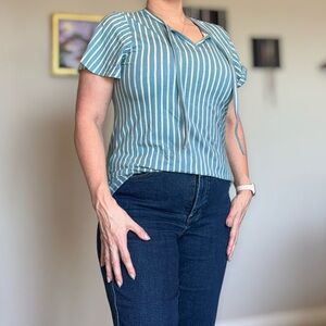 Striped V-Neck Short Sleeve Tee in Teal